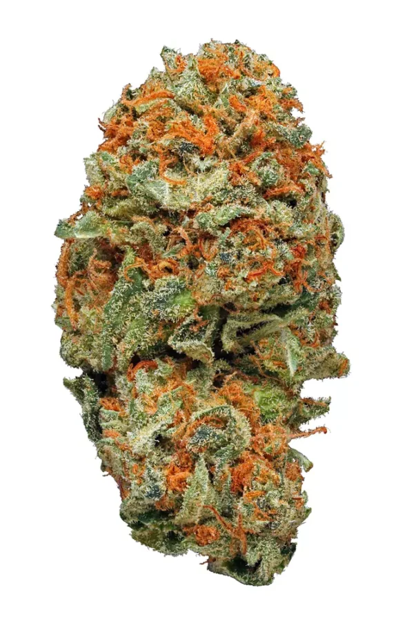AK-47 cannabis strain featuring dense, frosty green buds coated in crystal trichomes with vibrant orange pistils, known for its balanced hybrid effects and pungent earthy aroma.