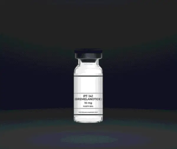PT-141 Bremelanotide vial for medical use, 10 mg, on a dark background.