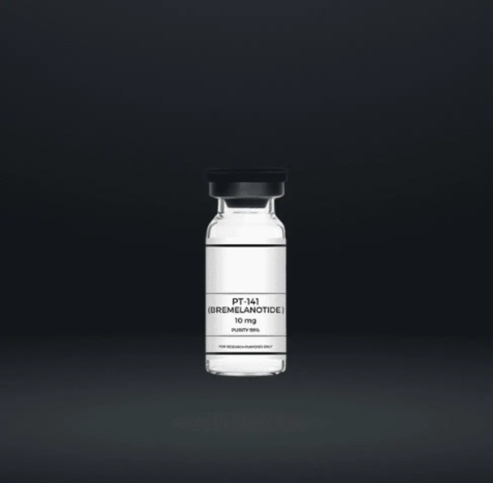PT-141 Bremelanotide vial for medical use, 10 mg, on a dark background.