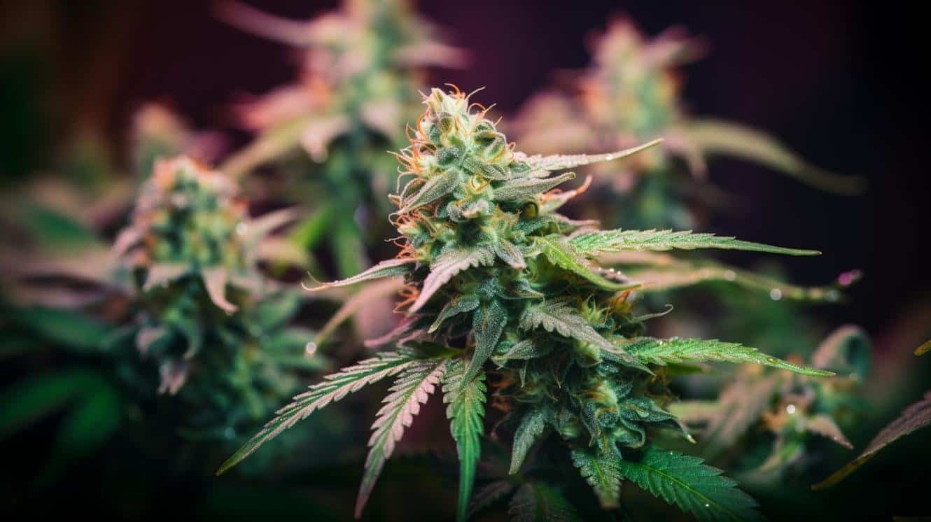 Cannabis plant with dense buds and vibrant green leaves, ideal for medical and recreational use.